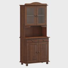 Armário Cristaleira para Cozinha Linha Rubi Café 4 Portas e Vidro Liso Incolor 2 Gavetas Madeira Maciça Pinus - Finestra