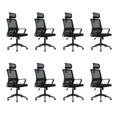 Kit 8 Cadeiras Para Escritório Giratória Presidente Tokyo Com Apoio Cabeça Preto