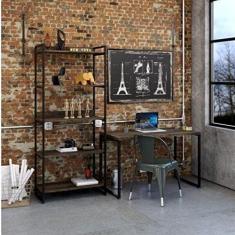 Conjunto Home Office 2 Peças com 1 Escrivaninha e 1 Estante 5 Prateleiras Kuadra Compace Carvalho Dark