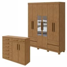 Conjunto de Guarda-roupa 6 Portas 4 Gavetas Zeus com Espelho e com Pés