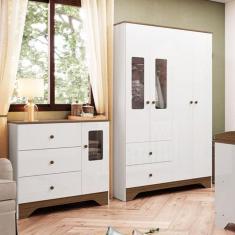 Quarto Infantil com Cômoda e Guarda Roupa com Janelas Retangulo 100% MDF Cocada Branco Brilho/Carvalho