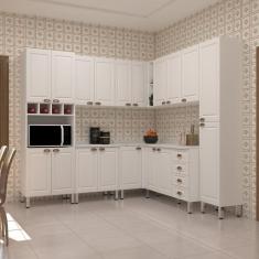 Armário De Cozinha Completa 8 Peças Com Tampos E Espaço Para Micro-ondas Cristal Luciane Móveis Branco Polar Com Branco Pet E Marmore