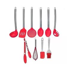 Kit 10 Colheres De Silicone Cabo Inox Utensílios Vermelho