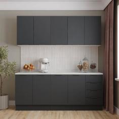 Cozinha Modulada 4 Peças com Tampo com Rodapé 2 Aéreos e 2 Balcões Ipanema Cabecasa Madeiramadeira Grafite Trama