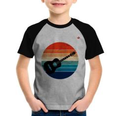 Camiseta Raglan Infantil Violão Vintage Sunset - Foca na Moda, Cinza, 