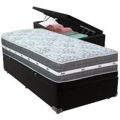 Cama Box Baú Preto e Colchão Black Graphite Molas Ensacadas Solteiro 88x188X32 Anjos