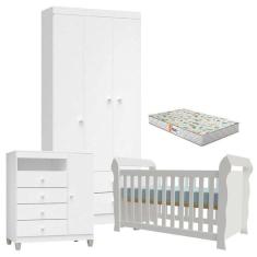 Quarto De Bebê 3 Portas Ternura Baby Com Berço Lara Branco Brilho Com Colchão Gazin - Incorplac
