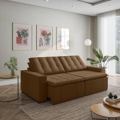 Sofá Cama Retrátil e Reclinável 4 Lugares 240cm em Veludo com Molas e Braço Reto Palmeira Cabecasa M Marrom