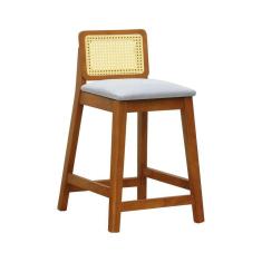 Banqueta Média Gabi Madeira Maciça Telinha Natural - Amêndoa Assento Estofado Linho Bege Mescla Impermeável