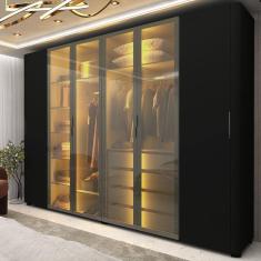 Guarda-roupa Casal 6 Portas com 4 Portas Reflecta com Pés com Led Innova Preto Acetinado