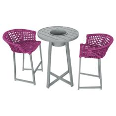 Conjunto Bistrô Champanheira Cinza Tampo Ripado e 2 Banquetas Reis Corda Náutica Rosa