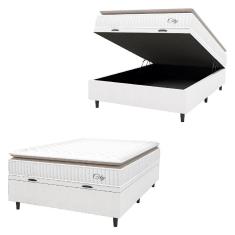 Cama Box Baú Colchão Casal Molas Ensacadas City Pillow Top 138x188x64cm Linho Branco / Bege Hellen - Suporta até 110kg por Pessoa