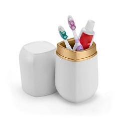 Porta Escova e Pasta de Dente com Tampa, L 8.5 X A 20.5 cm, Branco e Dourado Fosco, Linha Conceito, Arthi