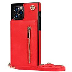 Carteira com zíper para iPhone 14 13 12 Mini 11 X XR XS Pro Max 7 8 Plus Estojo com porta-cartões Alça tiracolo Capa de couro transversal, vermelho, para iPhone 14