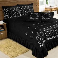 Kit Cobre Leito Casal Padrão Desejos 07 Peças Bordado - Preto - Bordad
