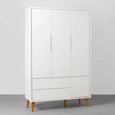 Guarda-Roupa Theo 3 Portas com Pés Retrô Mel - Branco Fosco - Abra Cas