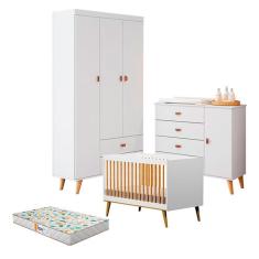 Quarto De Bebê Duda Com Berço Americano Ligia Branco Acetinado Bétula E Colchão Gazin – Carolina Móveis