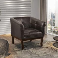 Poltrona Estofada Madeira Maciça Noah Couro Legítimo Scala Decor Marrom