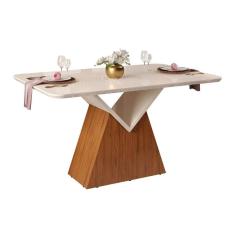 Mesa para Cozinha Argo + Tampo Madeirado Vidro Curvo 136x90cm Freijó/Off White - DJ Móveis