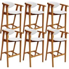 Kit 06 Banquetas Alta Cecília L02 Plástico Branco Assento Estofado Base Fixa com Encosto 102 cm