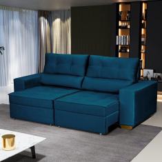 Sofá Baú Retrátil e Reclinável 5 Lugares 250cm Veludo Nobre La Plata Yescasa Azul