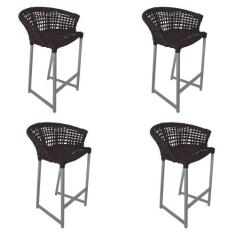 Kit 4 Banquetas Reis em Corda Náutica e Base em Alumínio Cinza para Ár