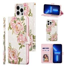 UEEBAI Capa carteira para iPhone 13 Pro Max de 6,7 polegadas, capa de telefone de couro PU com suporte e bloqueio de RFID, capa flip com compartimentos para cartões, alça de pulso, padrão gravado,