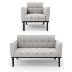 Sofá Namoradeira E Poltrona Base De Madeira Preto Elisa Veludo D03 - D'rossi Cor Cinza