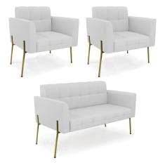 Sofá Namoradeira E 2 Poltronas Pé De Ferro Dourado Elisa Linho D03 - D'rossi Cor A05 Cinza