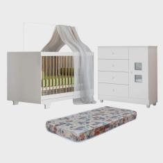 Quarto de Bebê com Berço Mini Cama com Colchão Flocos e Cômoda 100% Mdf 1 Porta 4 Gavetas Life