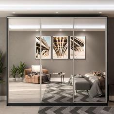 Guarda Roupa Belluno 3 Portas de Correr com Espelho e 3 Gavetas RR Móveis Preto