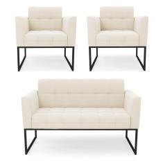 Kit 1 Sofá Namoradeira E 2 Poltronas Elisa Veludo Base Metálica Industrial Preto - D`rossi Cor Bege