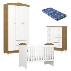 Quarto de Bebê Mel Flat Branco Acetinado Amadeirado com Colchão Ortobom - Carolina