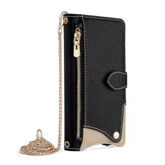 HAO RIYLN Capa carteira para Samsung Galaxy S24 Ultra/S24 Plus/S24, capa de telefone flip de couro elegante com compartimento para cartão com zíper espelho corrente de metal capa à prova de choque,