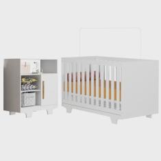 Quarto de Bebê com Berço Mini Cama 100% Mdf Life e Cômoda 100% Mdf 1 Porta 3 Prateleiras Flocos