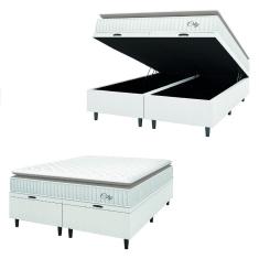 Cama Box Colchão Baú Casal King Molas Ensacadas City Pillow Top 193x203x64cm Linho Branco / Bege Hellen - Suporta até 110kg por Pessoa