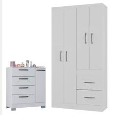 Cômoda 868 4 Gavetas e 1 Porta com Guarda Roupa Solteiro Milão 4 Portas Branco Brilho - Poquema