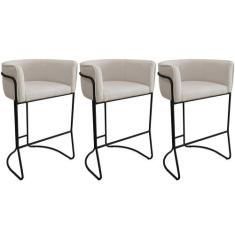 Kit 03 Banquetas Alta com Encosto Betina Base Preto Poliéster Off Whit