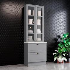 Paneleiro 2 Portas de Vidro 2 Gavetas com Tampo Americana Cinza