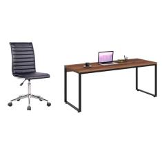conjunto de mesa kuadra nogal com cadeira de escritório secretária giratória marilyn preta
