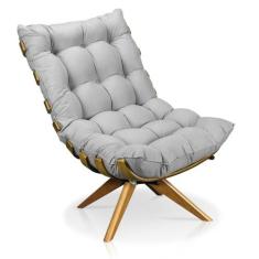 Poltrona Giratória Costela Suede Cinza Base Madeira - D' ROSSI
