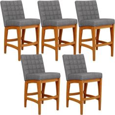 Kit 5 Banquetas Baixa Mila L02 Madeira Eucalipto Assento Linho Cinza Escuro Lyam Decor