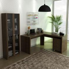 Mesa Em L Com Gaveteiro E Armário Com 2 Portas De Vidro Espresso Móveis Nogal