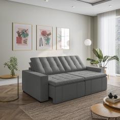 Sofá Cama Retrátil E Reclinável 3 Lugares 260cm Em Veludo Com Molas E Braço Reto Palmeira Cabecasa M Cinza