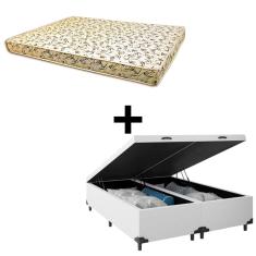 Cama Baú Queen - Tecido Sintético Branco Com Colchão Austrália Bello Box - 100% Espuma D26 Amarelo 55x158x198