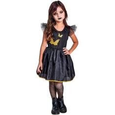 Fantasia Vestido Bruxinha Morcego Dourado Infantil Halloween