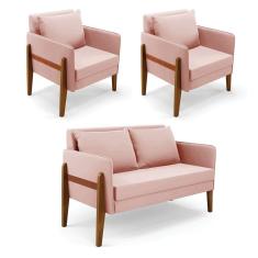 Kit 1 Sofá Namoradeira E 2 Poltronas Lana Veludo Base De Madeira - D`rossi Cor Rose