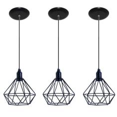 Kit com 03 Luminarias Pendente Aramado Modelo Diamante - Preto - ideal