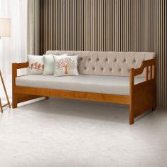 Sofá Cama Dublin Mona Estofado Capitonê Veludo Bege Madeira com 1 Colchão - Castanho