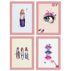 Kit Quadros Maquiagem Moldura Rosa 4un 22x32cm - Quartinhos